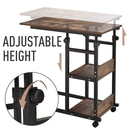 HOMCOM Industrial C-Shaped Mobile Rolling Sofa Side Table with 3-Tier Storage Shelving, Adjustable Height, & Wheels