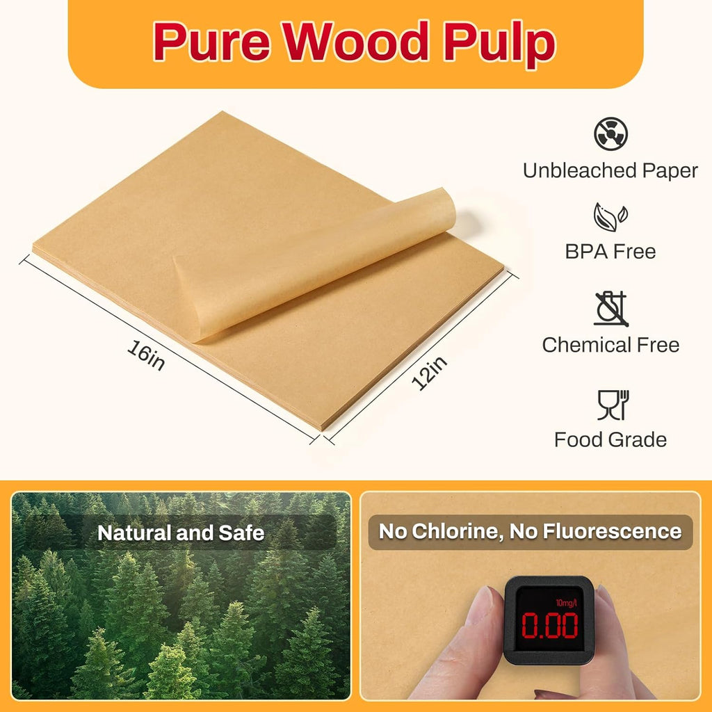 Unbleached Parchment Paper Sheets by [Brand Name] - 200 Pcs, 12x16 Inch, Non-Stick for Baking & Cooking