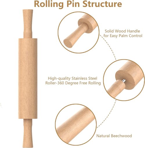 Classic Wooden Rolling Pin - 17" Beechwood with Handle & Pastry Mat | Ideal for Baking Pies, Cookies & More