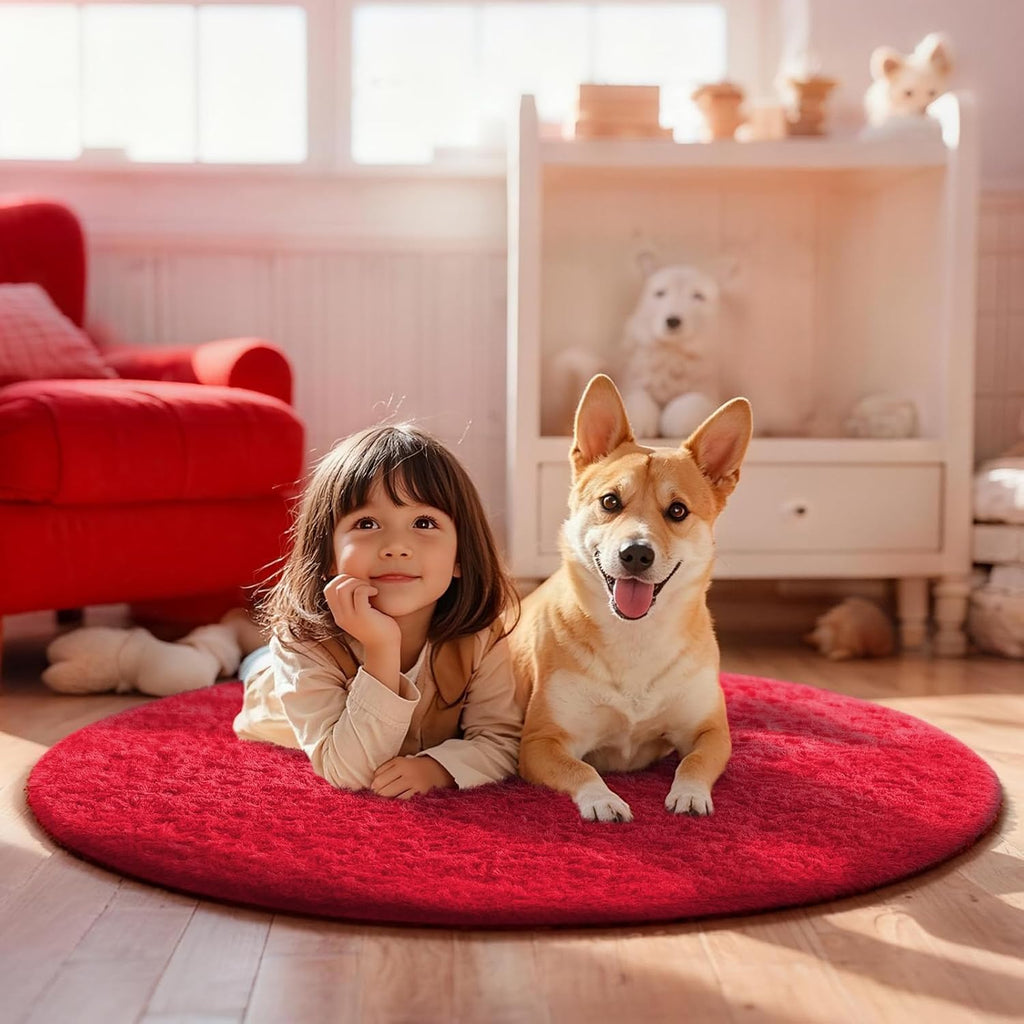 Ophanie Round Rug - 4Ft Red Circle Area Rug | Fluffy Plush Shaggy Carpet for Kids' Room & Nursery
