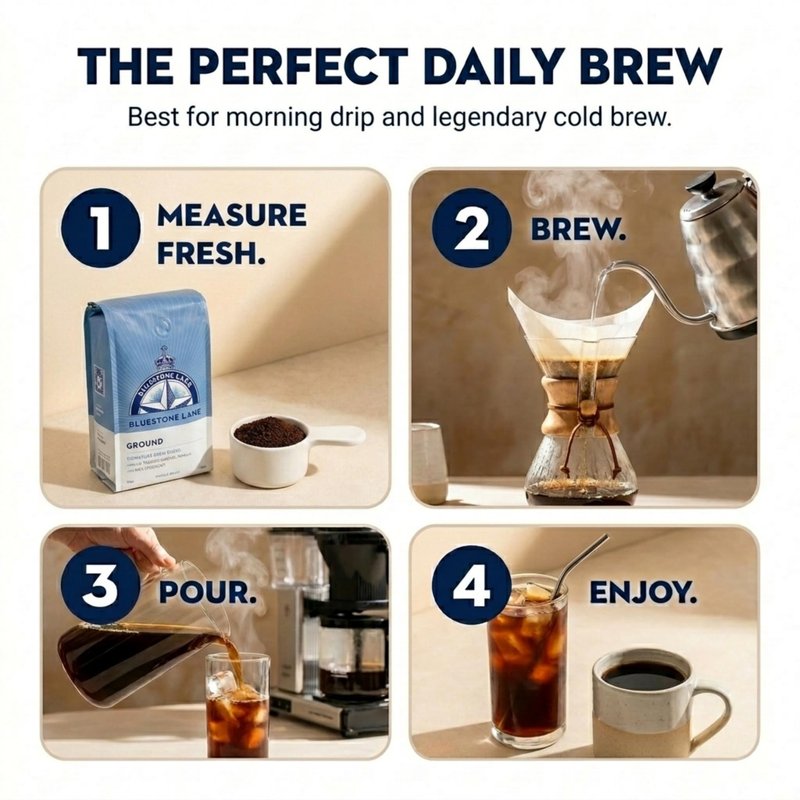 Bluestone Lane Flagstaff Ground Coffee, Medium Roast, Filter & Cold Brew Blend, 12 Ounce Bag