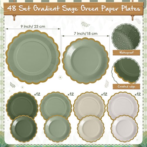 Mimorou 342 Pcs Sage Green Party Supplies Green Tableware Paper Disposable Plates Napkins Cups Plastic Tablecloth Sage Golden Triangle Banner for Wedding Bachelorette Birthday