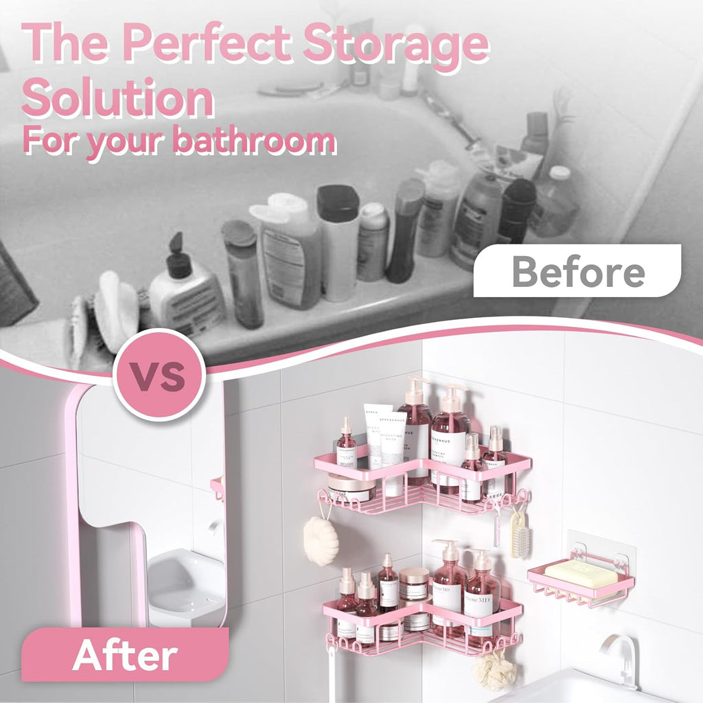 YASONIC Corner Shower Caddy - Rustproof Stainless Steel Organizer with Soap Holder & 12 Hooks | Pink, 3-Pack