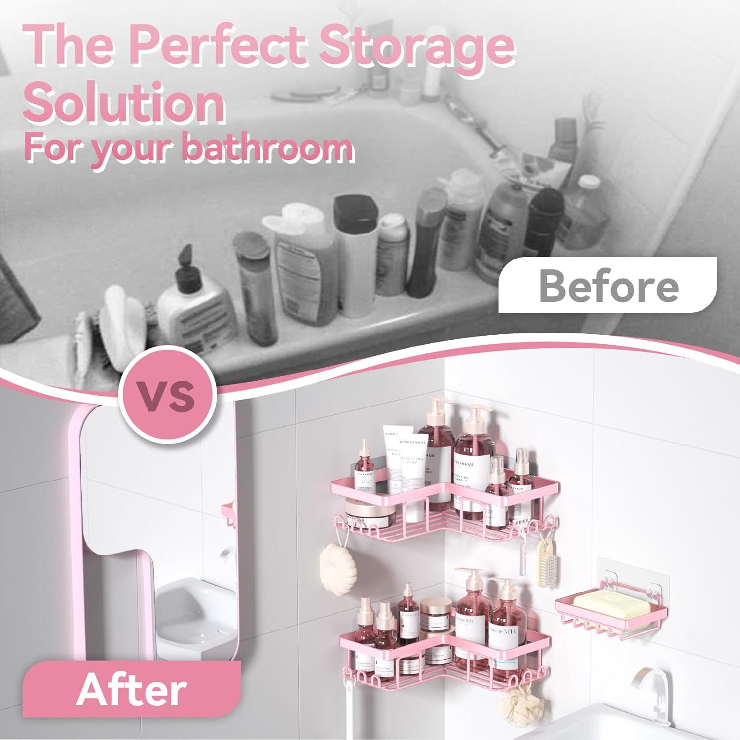 YASONIC Corner Shower Caddy - Rustproof Stainless Steel Organizer with Soap Holder & 12 Hooks | Pink, 3-Pack