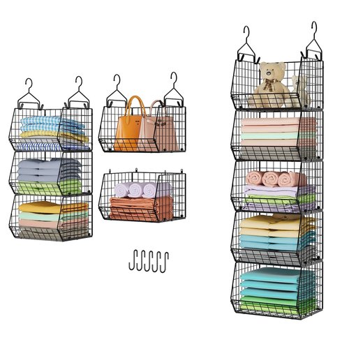 5 Tier Closet Hanging Organizer, Clothes Hanging Shelves with 4 Hanging Hooks 5 S Hooks, Wire Storage Basket Bins, for Clothing Sweaters Shoes Handbags Clutches Accessories Patent Design