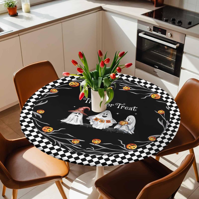 Halloween Fitted Tablecloth for Round Table,Trick Or Treat Quotes Table Cover with Elastic Edge Waterproof Table Cloth,Pumpkin Ghost Face Black White Plaid Table Covers for Kitchen Indoor 45-54in
