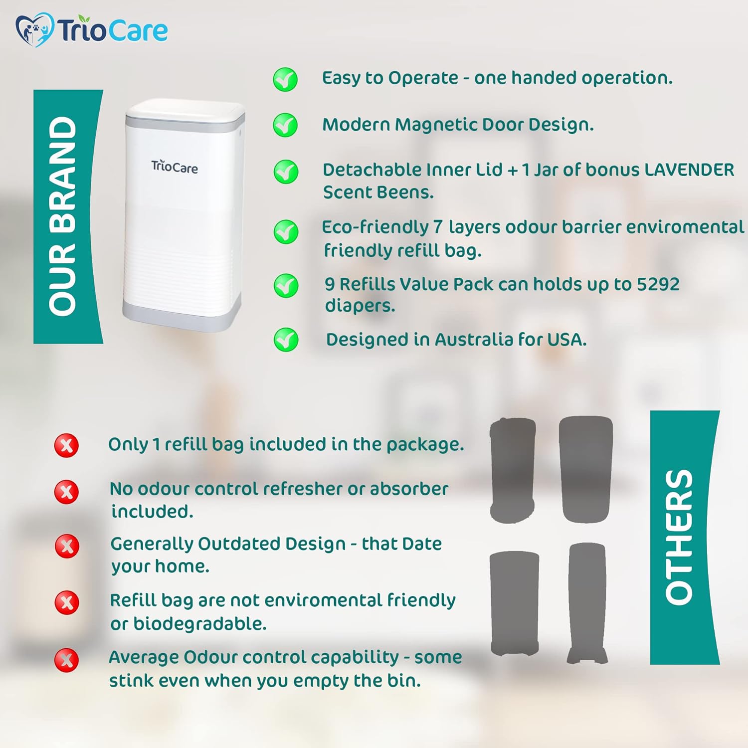 Odor-Locking Diaper Pail by [Brand Name] - Lavender Scent | 12-Month Refill Supply | Modern Design for Baby & Pet Waste Disposal