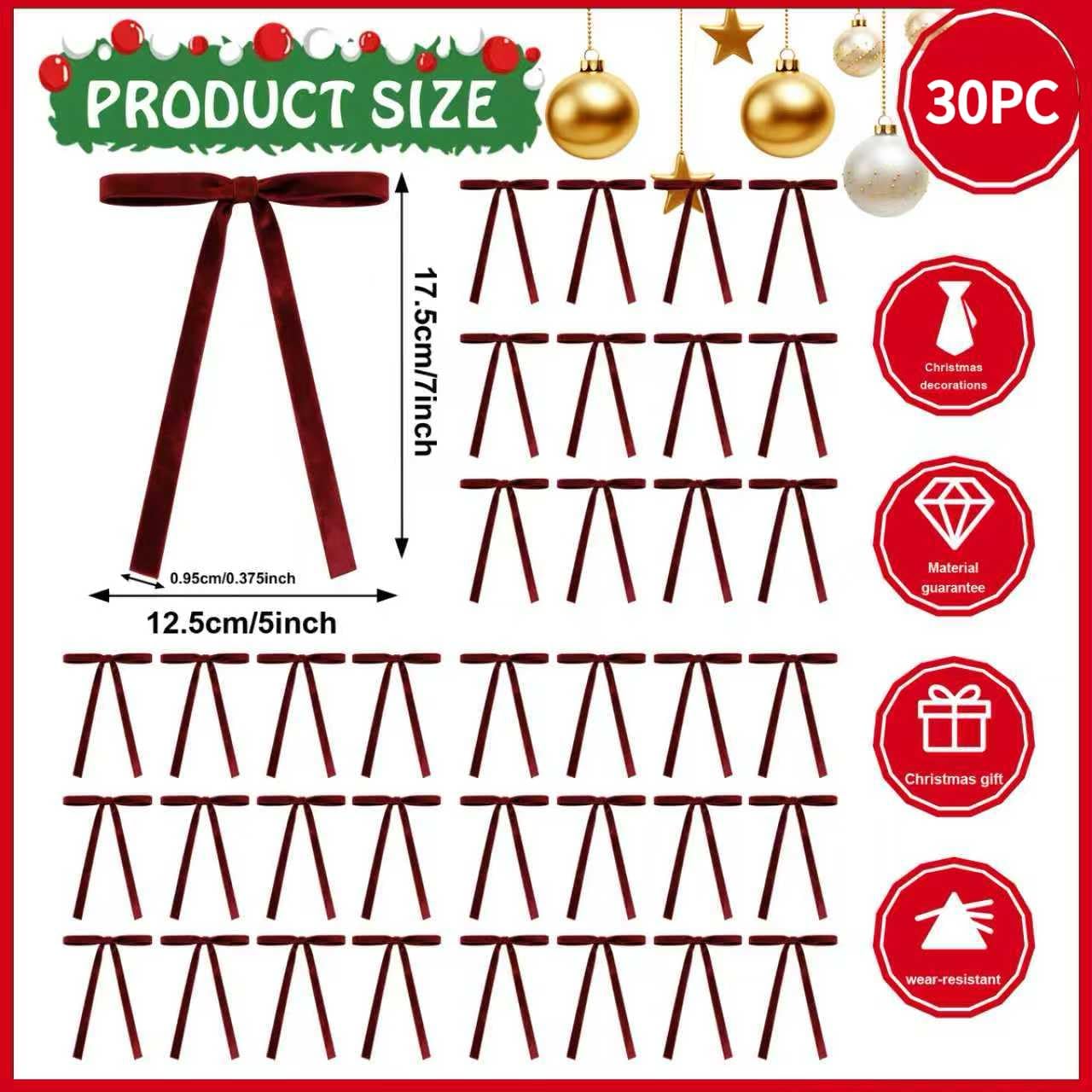Skiennix Burgundy Velvet Christmas Tree Bows - 30 Pcs 5x7 Inch Rustic Decor for Wreaths & Garlands