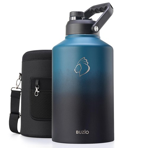 BUZIO 1.5 Gallon Water Bottle Insulated, (Cold for 48 Hrs) 196oz Large Water Jug Stainless Steel, 3.58in Big Wide Mouth Leak Proof Metal Flask with Carrying Sleeve for Camping,Gym,Travel,Indigo Crush