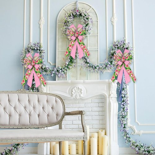Hying Large Flower Bow - Spring Tulip Design in Pink Stripes | Perfect for Easter Wreaths & Front Door Decor