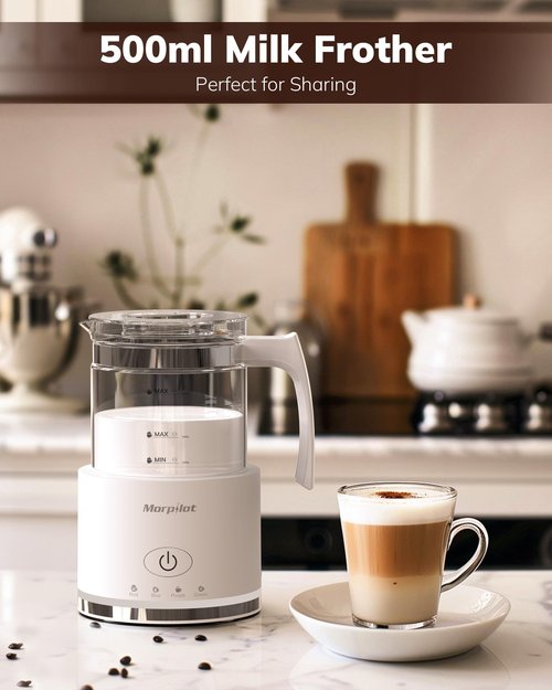 Electric Milk Frother and Steamer, 16.9oz/500ml Milk Steamer and Frother for Latte, Dishwasher Safe, BPA Free, 4 Functions, Enjoy Perfect Milk Froth in 2 Min - White
