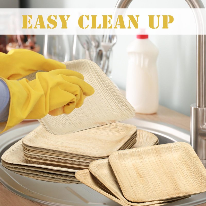 Bokon 350 Pcs Palm Leaf Disposable Dinnerware Set for 50 Guests, 50 Square Palm Leaf Plates 50 Dessert Plates 50 Forks 50 Spoons 50 Knives 50 Cups 50 Paper Napkins for Wedding Birthday Party Supplies