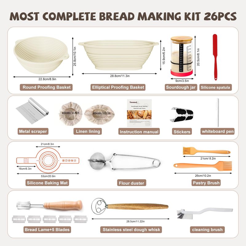 Sourdough Starter Kit, 26PCS Sourdough Bread Baking Supplies, Including a Sourdough Starter Jar (34OZ), Silicone Banneton Bread Proofing Basket Set of 2 (Yellow wood, Oversized glass mouth)