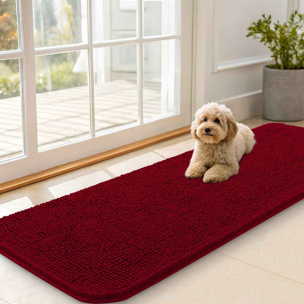 OLANLY Dog Door Mat - Absorbent Non-Slip Chenille Mud Mat for Muddy Paws | 59x20 Inches, Red