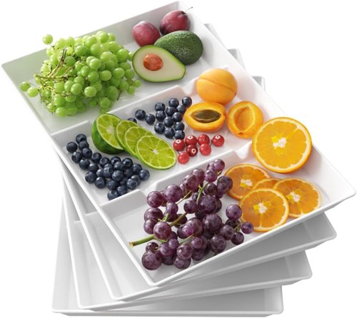 Lifewit Serving Tray Set - 4 Divided Plastic Platters for Food | 15" x 10" White Reusable Trays for Snacks, Veggies & Desserts