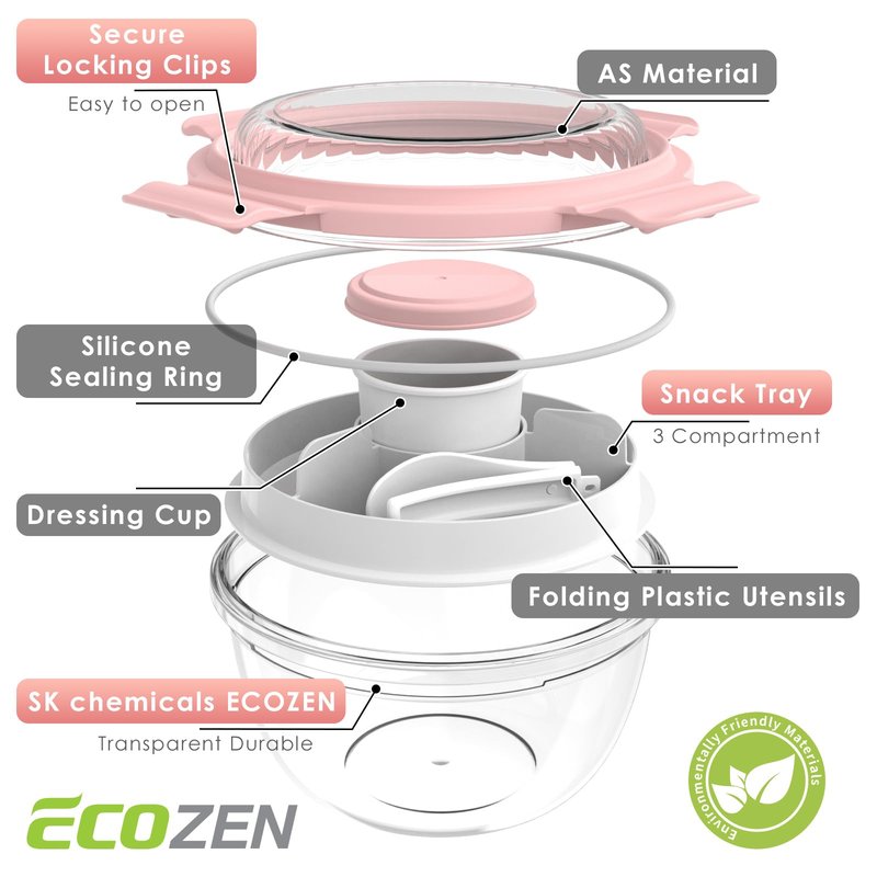 WHALEHOUSE Clear Eco-friendly SK chemicals ECOZEN Salad Container, 33OZ Portable Plastic Salad Bowls with Lid & Snack Tray, Leak-Proof Dressing Container, Reusable Fork, Lunch Box for Meal Prep (Pink)