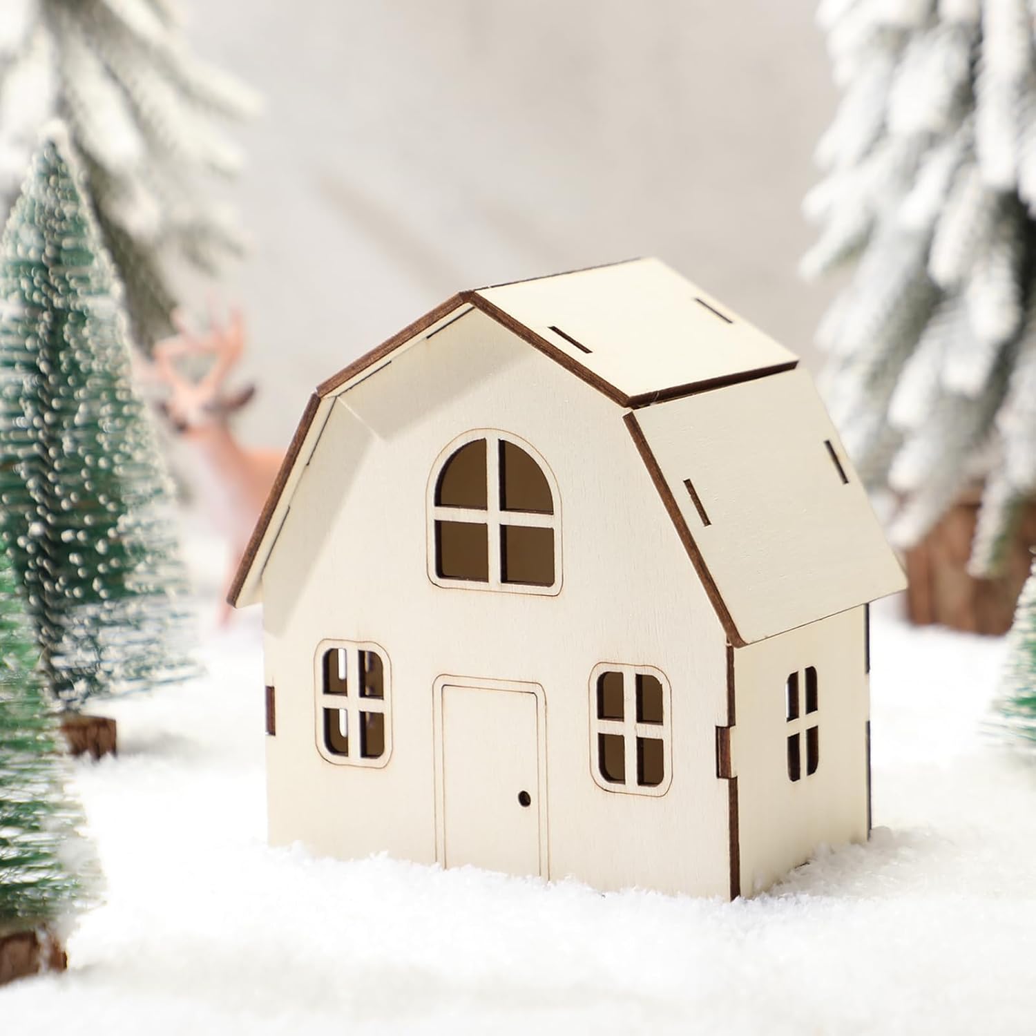 Wonderjune DIY Christmas Village Set - 3 Large 8-Inch Wooden Houses for Holiday Crafts & Decorations