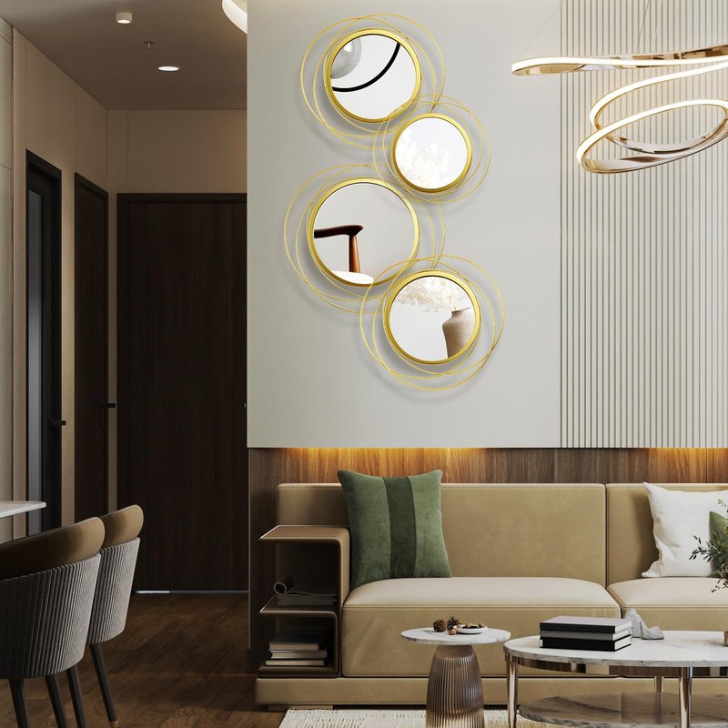 Hicarer 4 Pcs Decorative Wall Mirror Round Modern Circle Mounted Mirror Metal Wall Art Decor for Bedroom Living Room Entryway Dining Room Hallway(Gold)