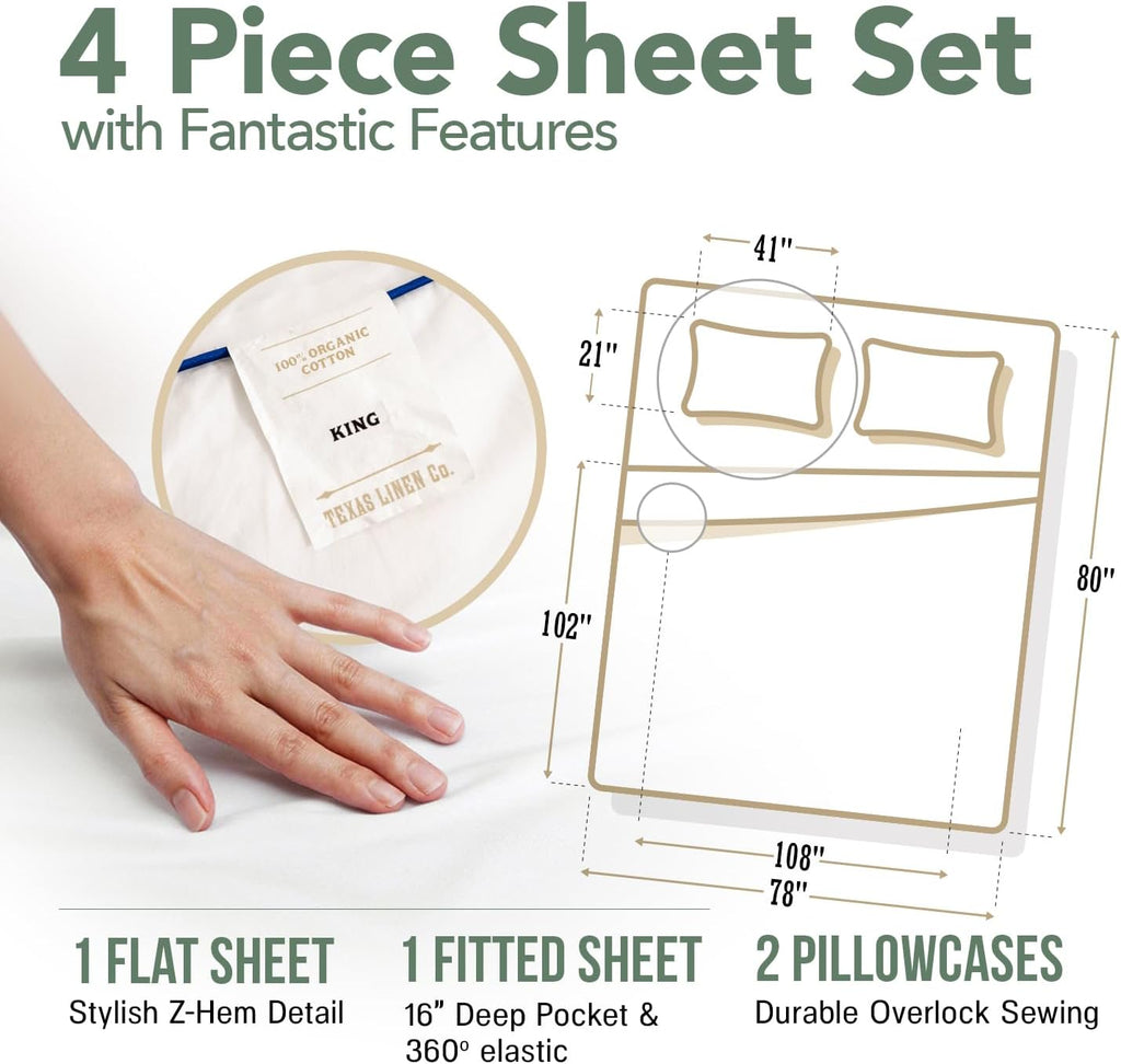 Texas Linen Co. King Size Organic Cotton Percale Sheets - Soft & Cooling 4-Piece White Set | GOTS Certified
