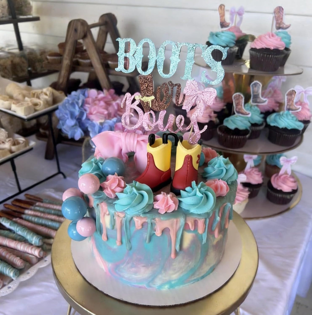 Skiennix Gender Reveal Cake Decorations - Acrylic Boots & Bows Cake Toppers Set for Baby Shower