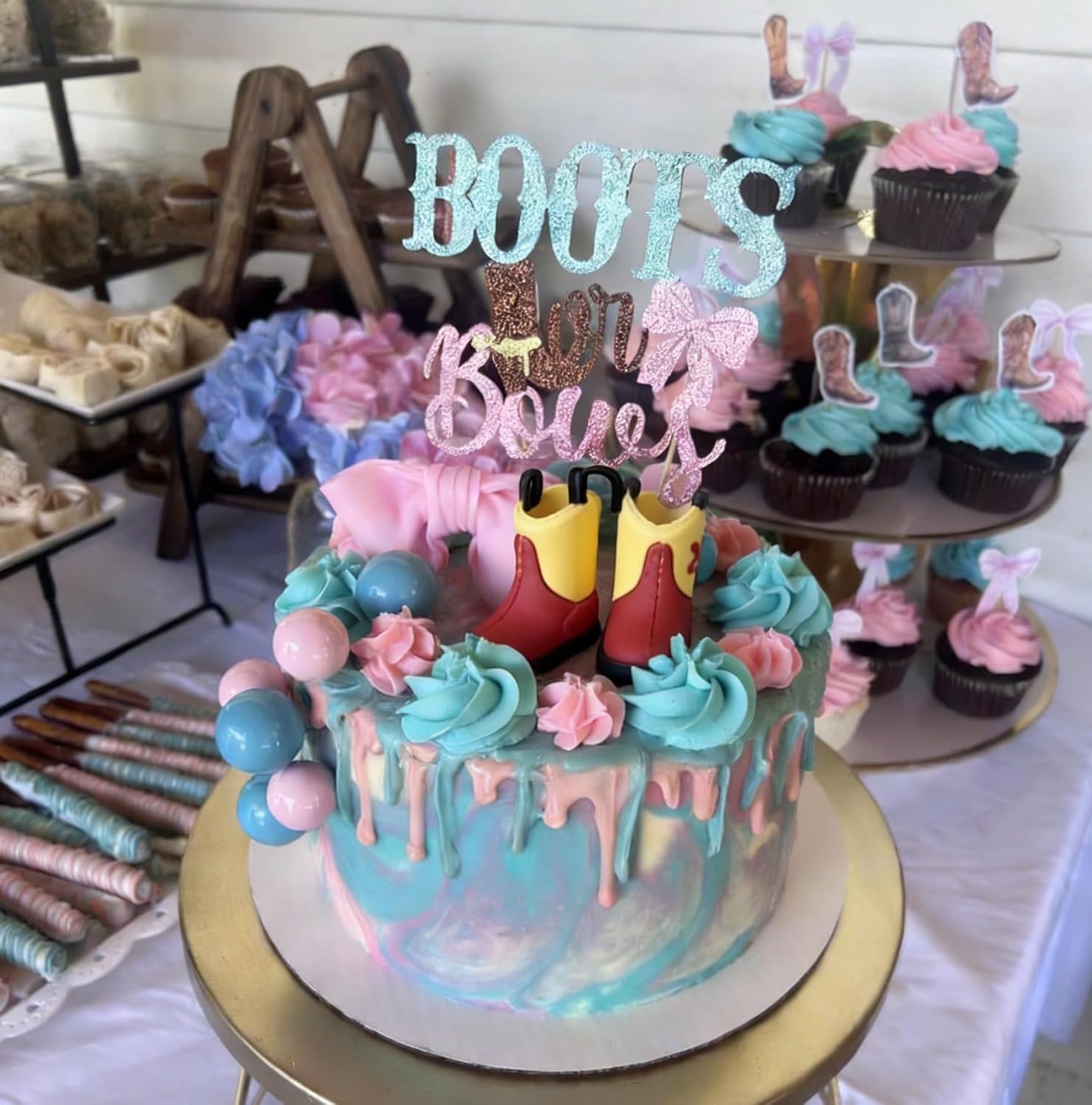 Skiennix Gender Reveal Cake Decorations - Acrylic Boots & Bows Cake Toppers Set for Baby Shower