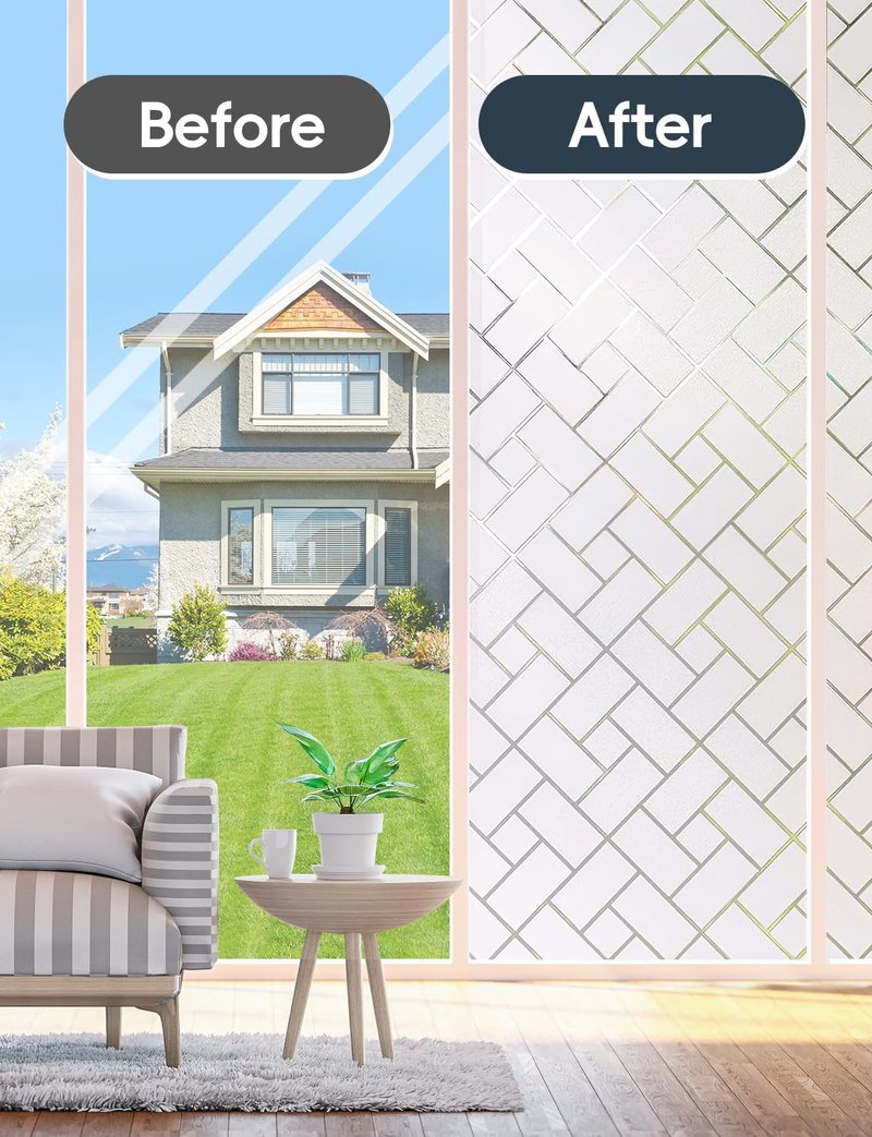 Frosted Glass Window Film Sun Blocking Window Tinting Film for Home, Static Clings Removable Frosting Bathroom Door Window Covering, 45.2 inch x 78.74 inch, White-Grid