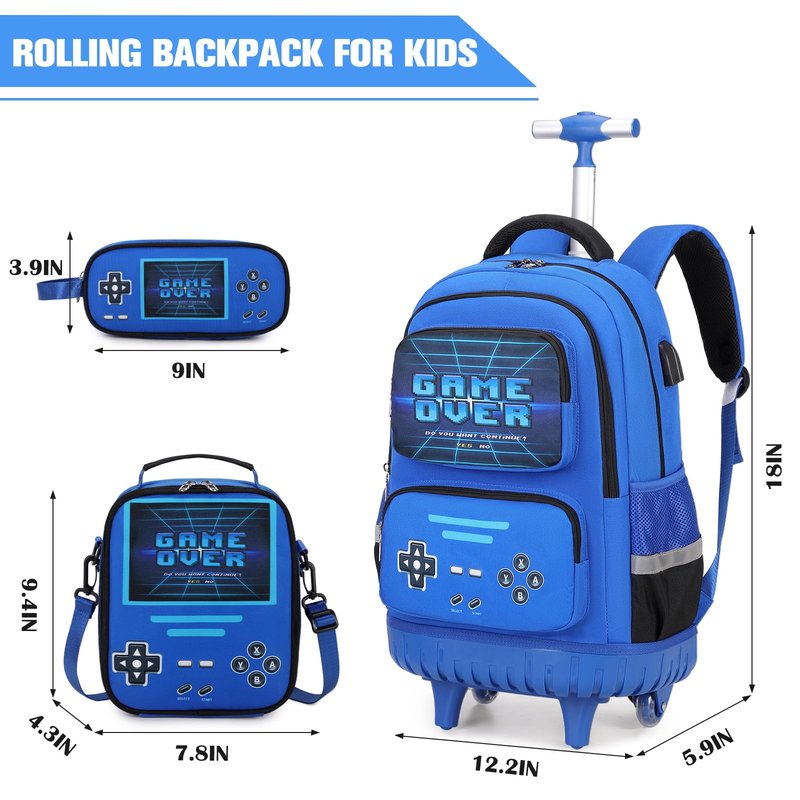ACESAK Rolling Backpack for Boys - Roller Wheels School Bookbag with Lunch Bag & Pencil Pouch for Teen Boys Kids Wheeled Suitcase Backpacks, Elementary Middle School Travel Daypack (Blue)