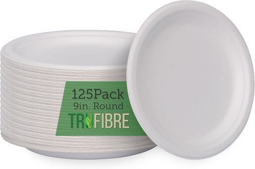 Compostable Bagasse Food Containers - 9" Disposable Paper Plates | Microwave Safe for Parties - 125 Pack