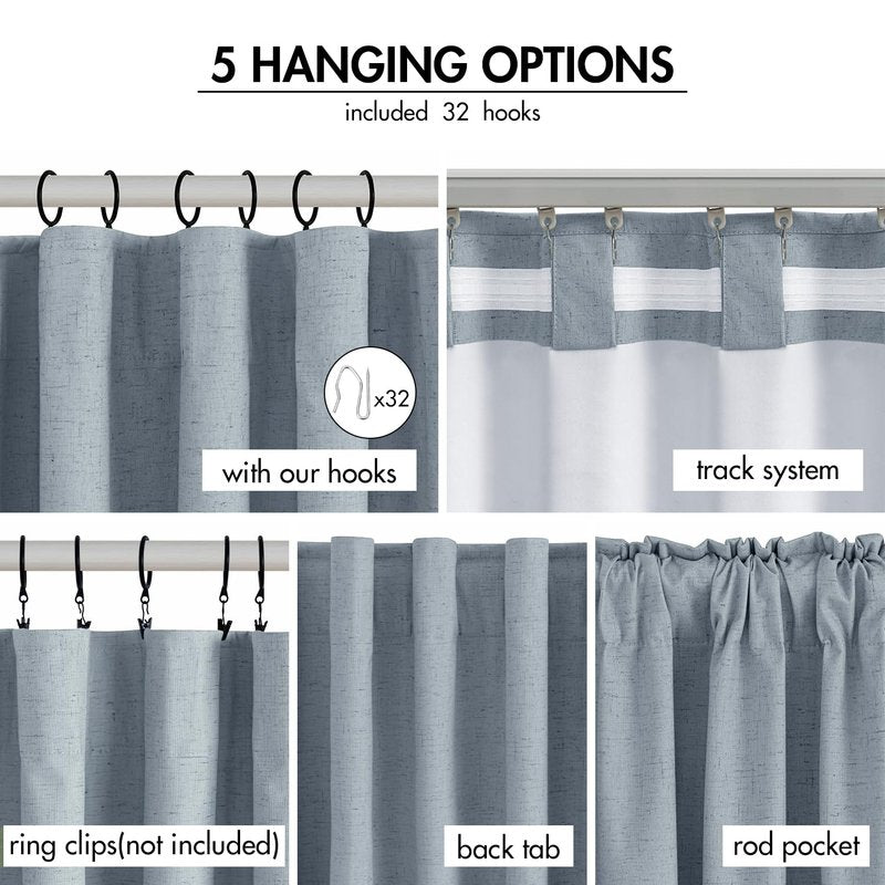 EMEMA Chambray Blue Linen Blackout Curtains 96 inches Long 2 Panels Set for Bedroom Back Tab Thermal Insulated 100% Black Out Drapes Pinch Pleated Hooks Room Darkening Window Curtain for Living Room