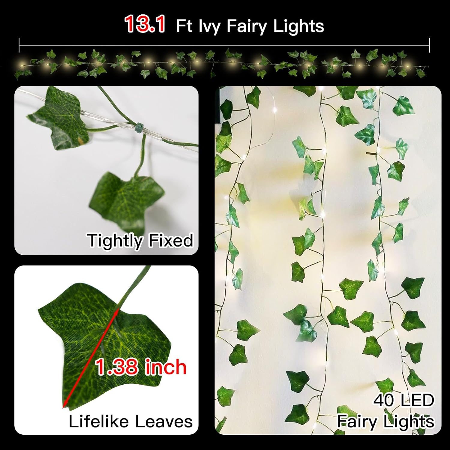 Suddus Ivy String Lights - 40 LED Battery Operated Fairy Lights with Remote | 13.1ft Warm White Decor for Bedroom, Garden, Party, and Weddings