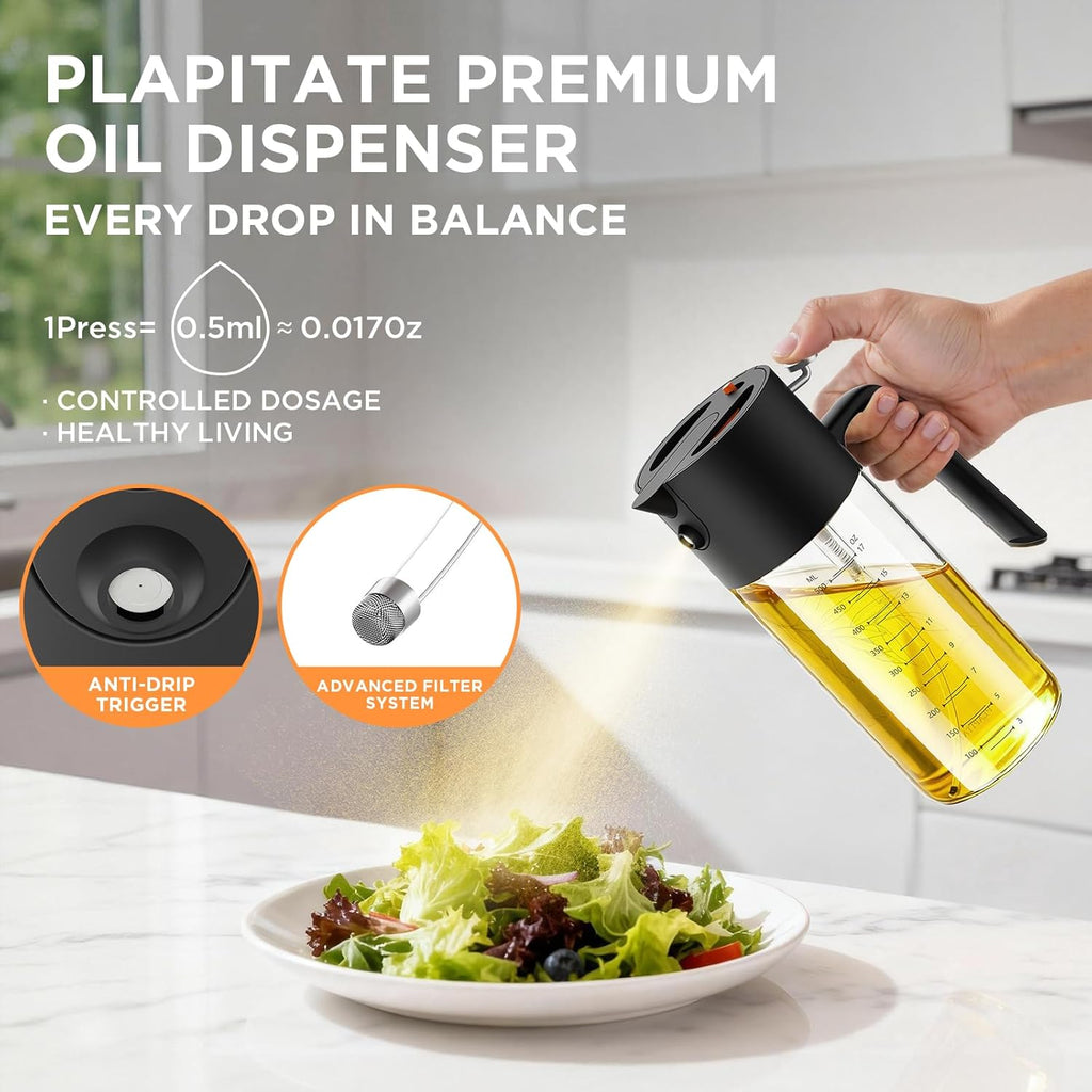 PLAPITATE Premium Olive Oil Sprayer - 2-in-1 Glass Dispenser with Portion Control | 17oz Black