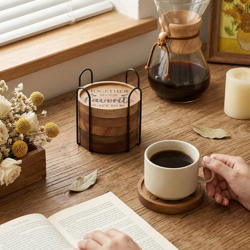 Best House Warming Gifts Acacia Wooden Coasters for Drinks Coffee Table Coaster Set of 6 Pack Farmhouse Decorations Family New Home Housewarming Decor Cute Cup Wood Coasters with Holder