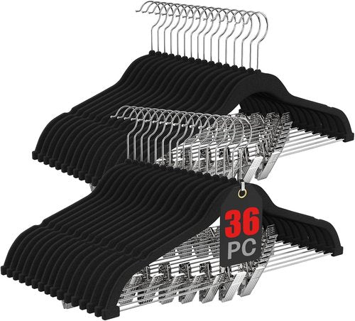 Korpai 36-Pack Black Velvet Hangers - Adjustable Non-Slip Heavy-Duty Clips for Space Saving Storage