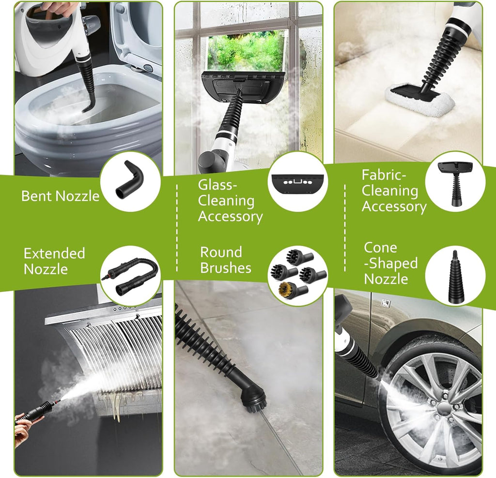 Skiennix Pressurized Handheld Steam Cleaner - Multi-Surface, 12 Accessories Included | Ideal for Home, Floors, Upholstery & Grout (Grey)