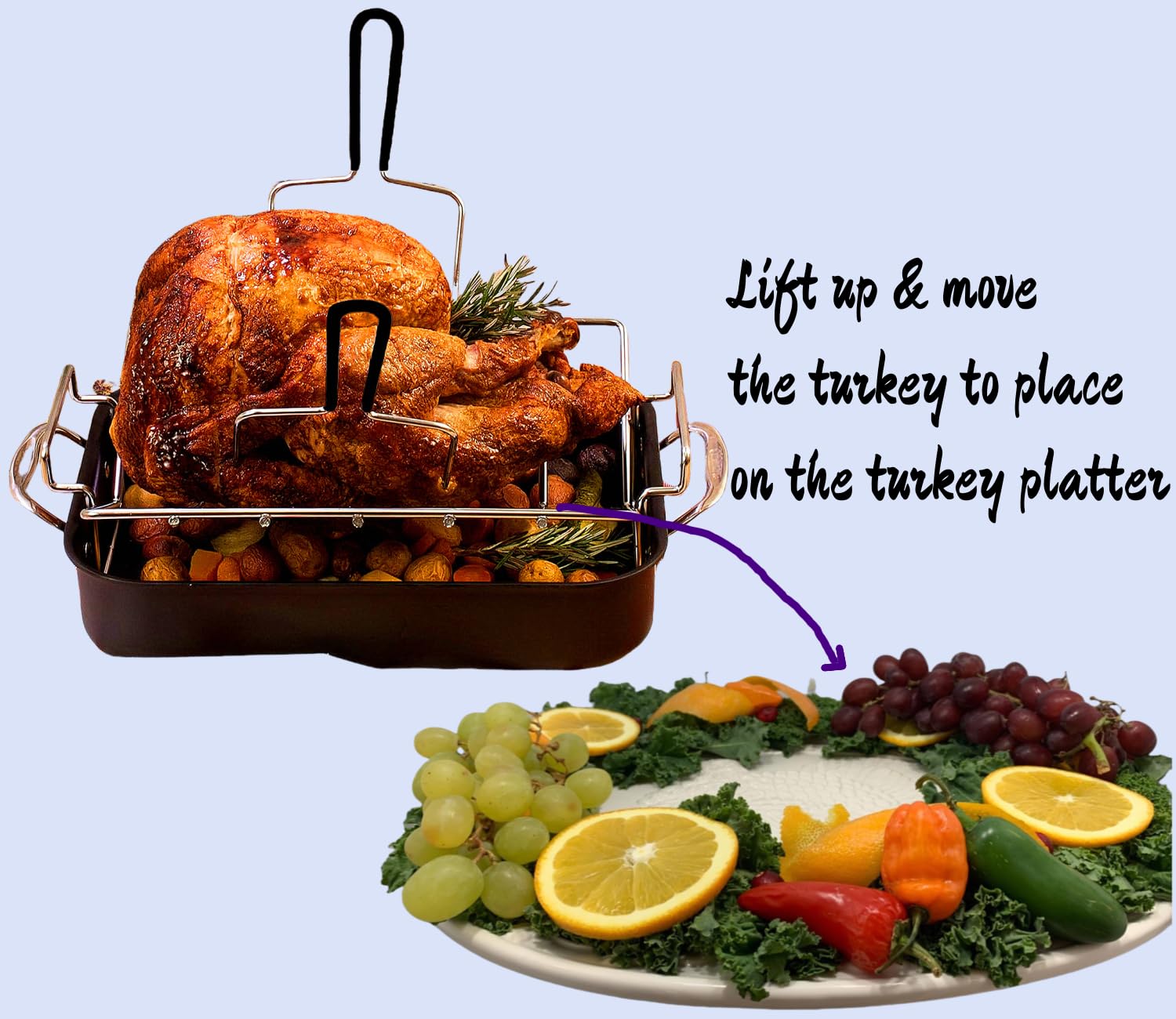 HSHQING 17" Ceramic Turkey Platter with Turkey Forks & Lifter Set - Large Fall Harvest Serving Tray for Large Meats & Holiday