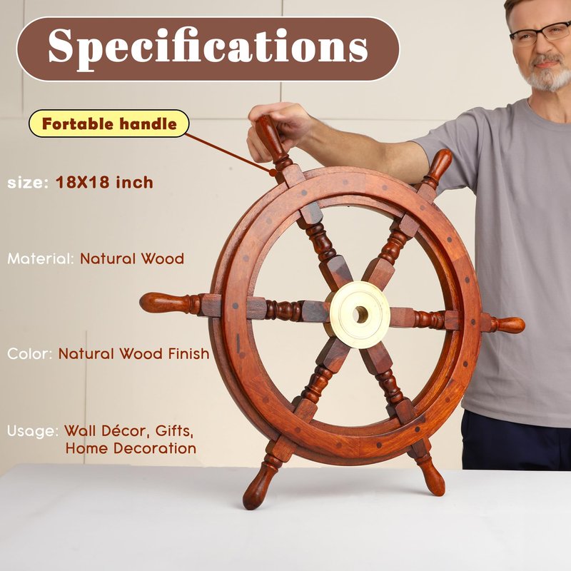Bhartiya Handicrafts Nautical Ship Wheel for Wall Decor Rustic Wooden Pirate Boat Steering Wheel with Brass Hub – Handmade Captain’s Wheel for Nautical, Beach & Coastal Décor (18 Inch)