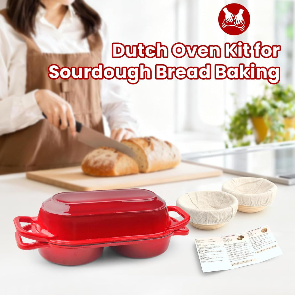 YONILL Mini Double Dutch Oven - Enameled Cast Iron Pot with Lid & 5" Banneton Basket Kit | Red
