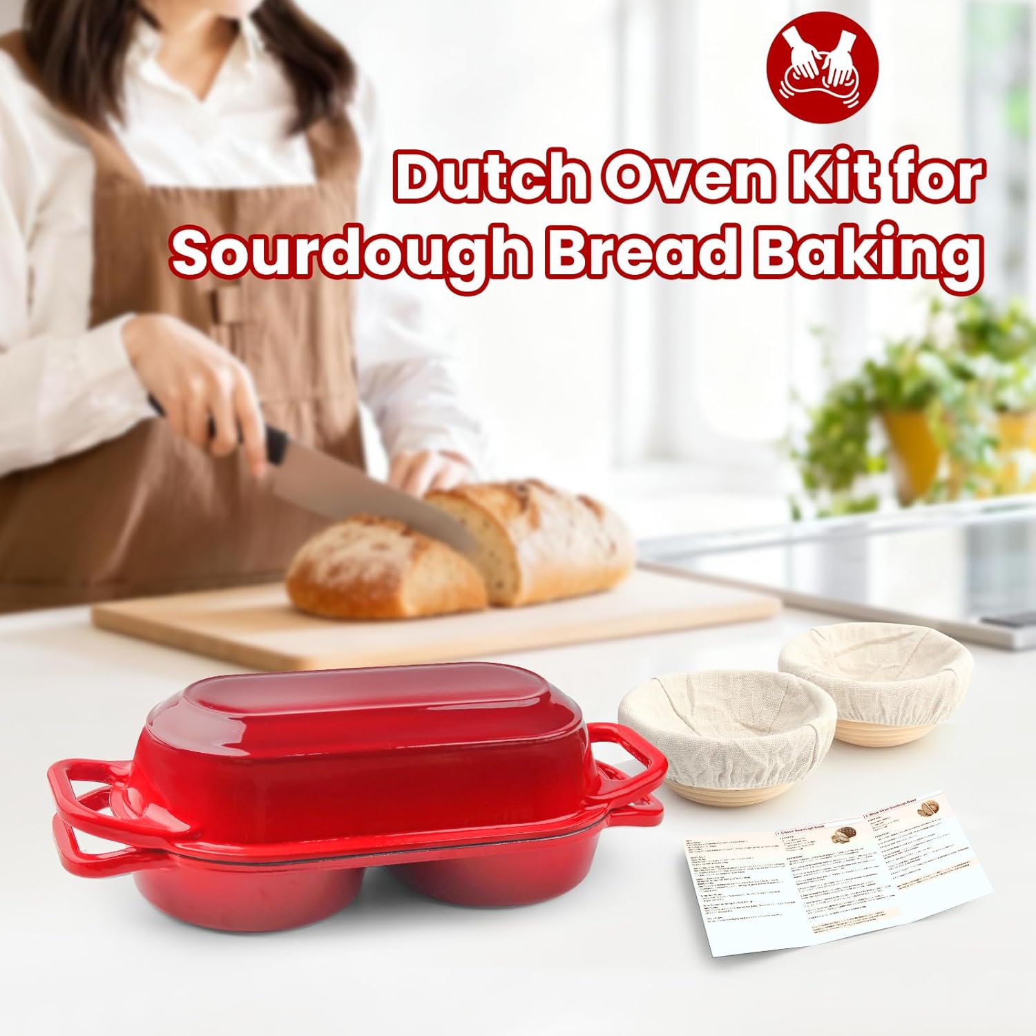YONILL Mini Double Dutch Oven - Enameled Cast Iron Pot with Lid & 5" Banneton Basket Kit | Red