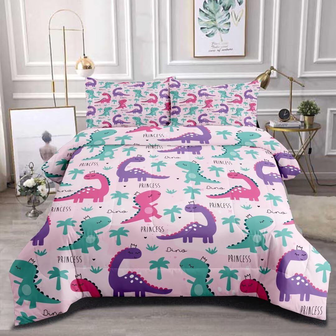 CKOU CCOO Full Dinosaur Bedding Set for Girls Teens Kids, Cute Dinosaur Pink and Green Comforter Set with 2 Pillowcases, Kawaii Animals Comforter Girl Dino Bedroom Decor