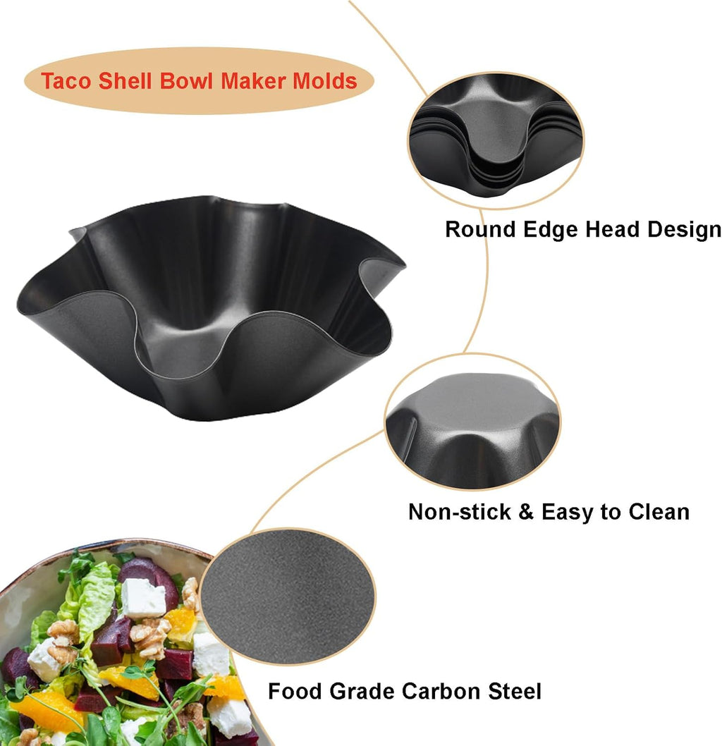 Skiennix Tortilla Pan Set - 4-Piece Non-Stick Carbon Steel Taco Bowl Makers | Black Flower-Shaped Molds (16.5x7.5x6cm)