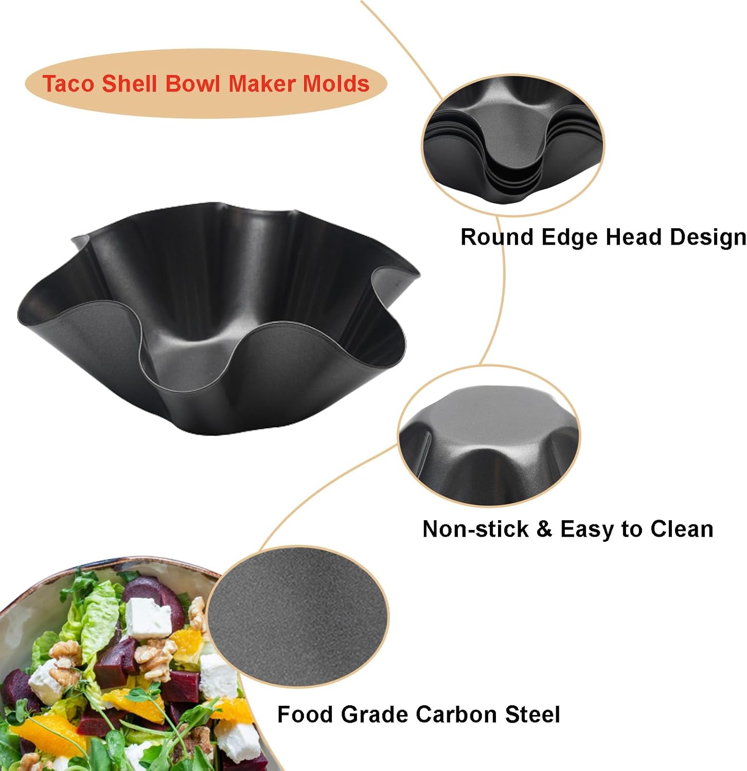 Skiennix Tortilla Pan Set - 4-Piece Non-Stick Carbon Steel Taco Bowl Makers | Black Flower-Shaped Molds (16.5x7.5x6cm)