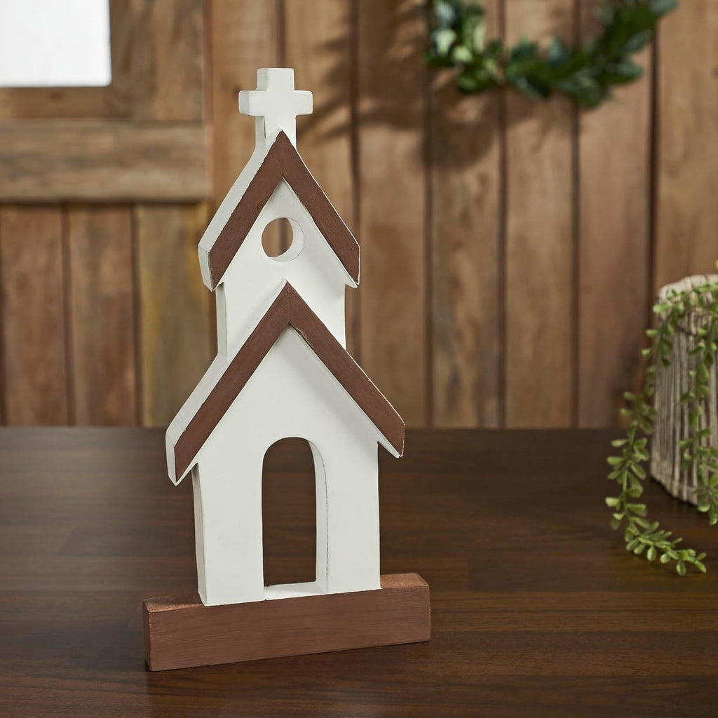VHC Brands Wooden Church Figurine - Brown Roof Design | 12"x6"x1" Perfect Home Decor
