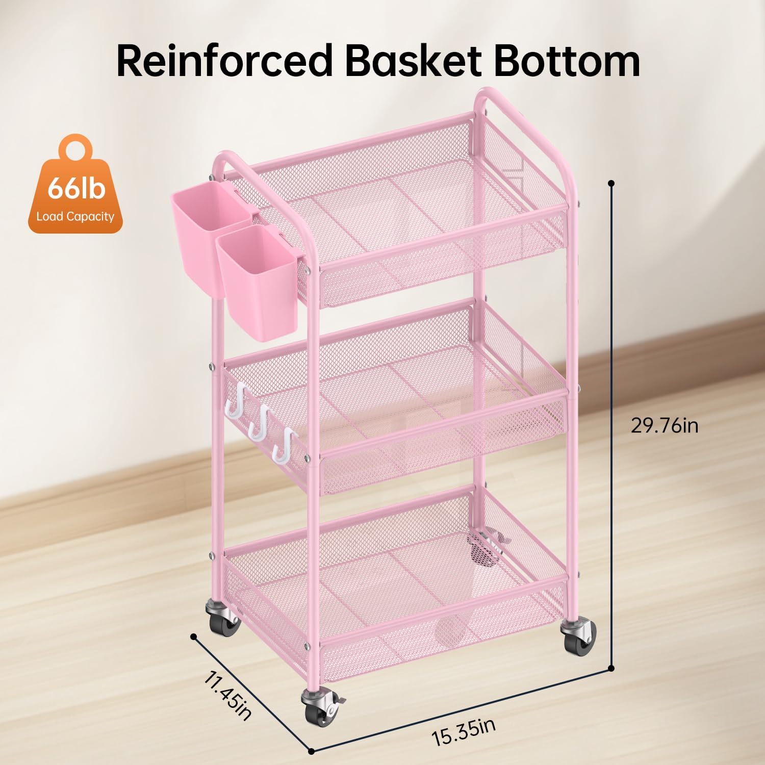 YASONIC 3-Tier Rolling Cart - Metal Utility Storage with Wheels & Hooks | Pink Craft Organizer