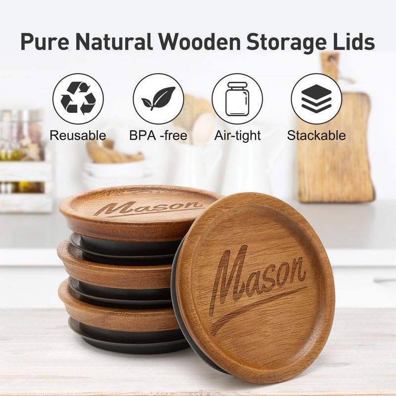 12 Pack Acacia Wood Wide Mouth Mason Jar Lids Reusable Canning Lids for Jar Tops Large Mouth Silicone Jars Accessories Decorative Glass Jar with Wooden Lid Can Cover Mason Jar Storage Organizer