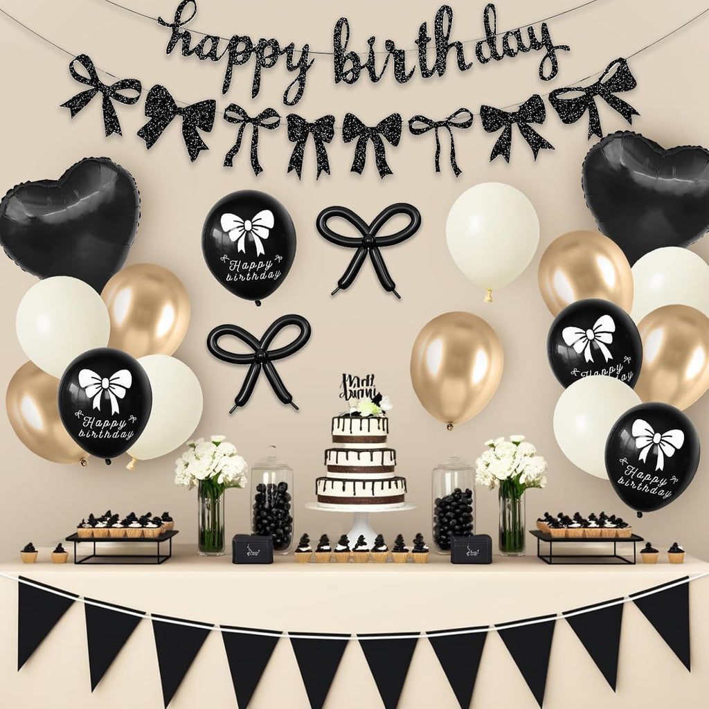 Skiennix Bow Birthday Decorations - Elegant Black & Gold Theme with Happy Birthday Banner & Heart Foil Balloons