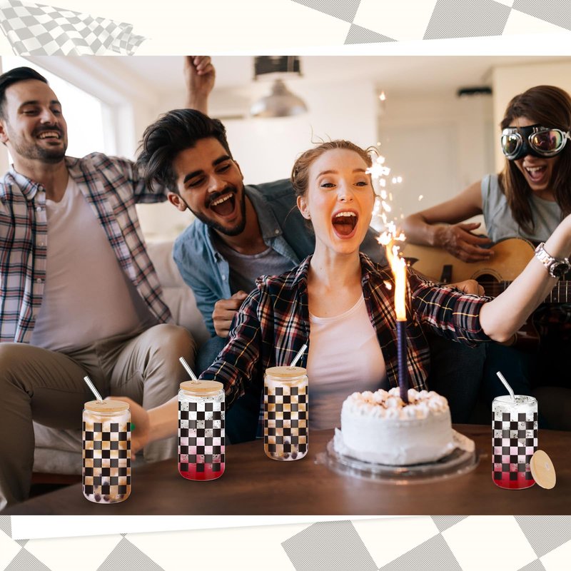 Yetene 12 Set 16oz Checkerboard Glass Cups with Bamboo Lids and Straws White Black Checkered Flag Glasses Tumblers Ice Coffee Cup for Racing Car Christmas Party Drink Decoration Gifts for Women
