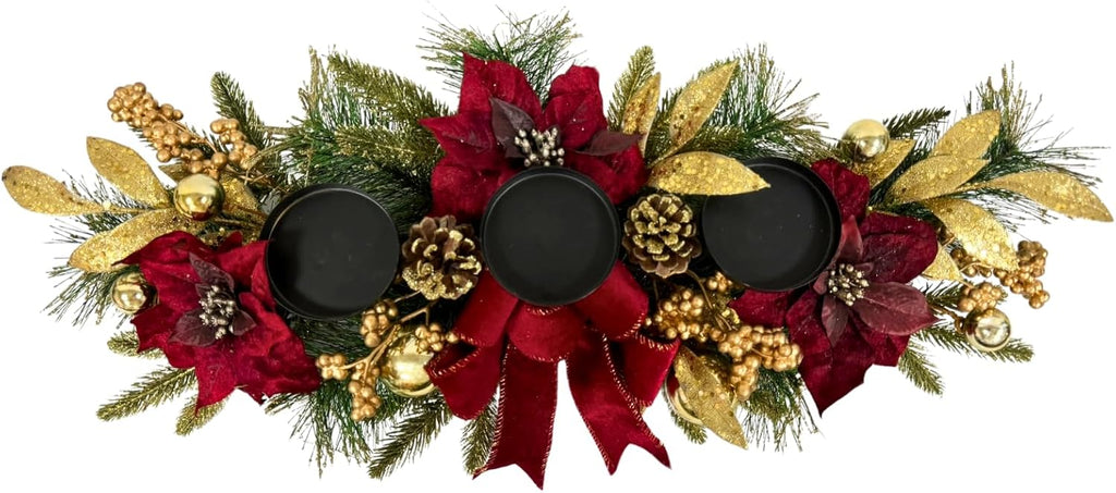 Svndlyn Christmas Candle Holders - Festive 3-Piece Set with Red Poinsettia & Golden Accents for Table Centerpiece