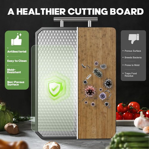 LOZOVIN Stainless Steel Cutting Board with Durable Anti-scratch Grid Design, Large 16”×12” Double Sided Non Toxic Chopping Board for Kitchen, Dishwasher Safe, Non-slip Edge, Garlic Grinding Area