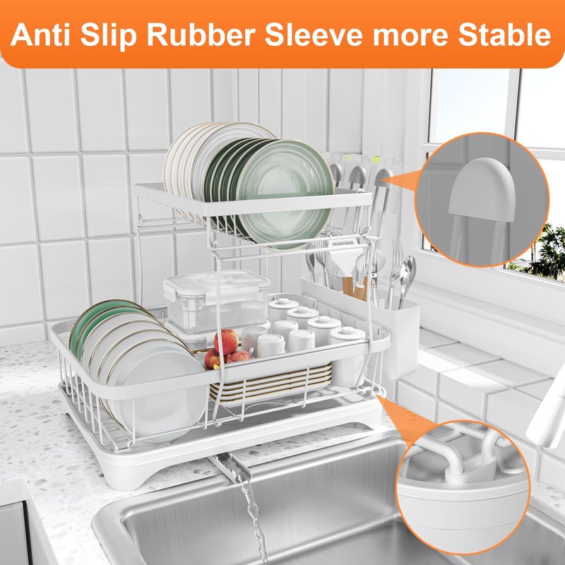Dish Drying Rack - 304 Stainless Steel Dish Rack for Kitchen Counter , Adjustable Spout Auto-Draining Dish Rack, 2-Tier Kitchen Organizers and Storage Rack with Drainboard and Cutlery Holder White