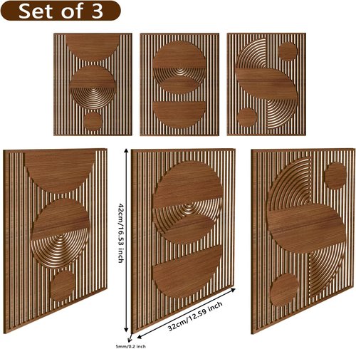Homenthus Abstract Wood Wall Art - 3-Piece Mid Century Modern Geometric Decor for Boho Spaces